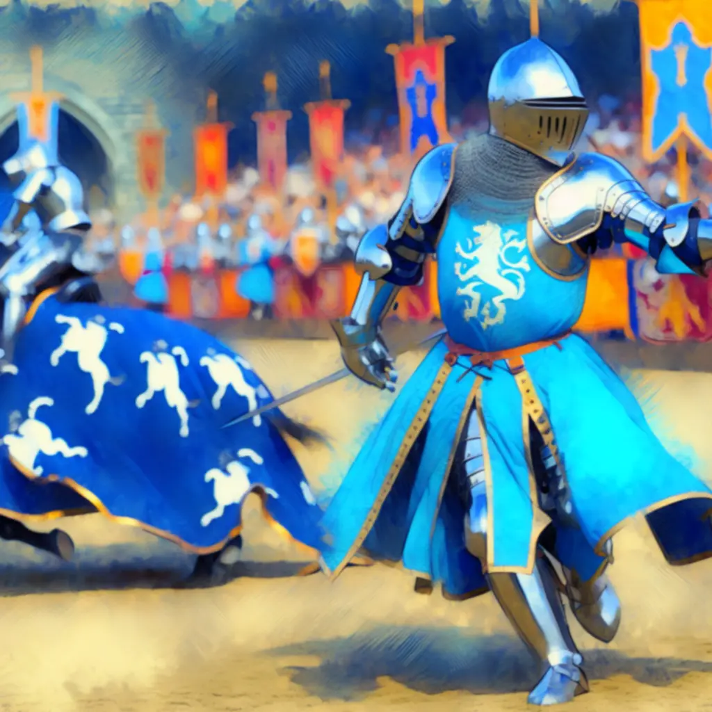 Ilustracja sceny turniejowej z rycerzem w błękitnych barwach.