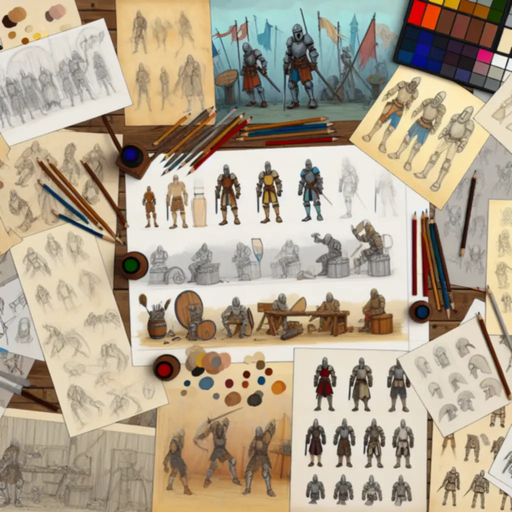 Szkice koncepcyjne rycerzy i uzbrojenia