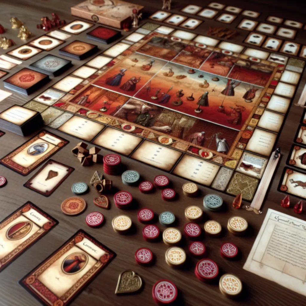 Plansza FnmaldGame z rozłożonymi kartami i żetonami turniejowymi