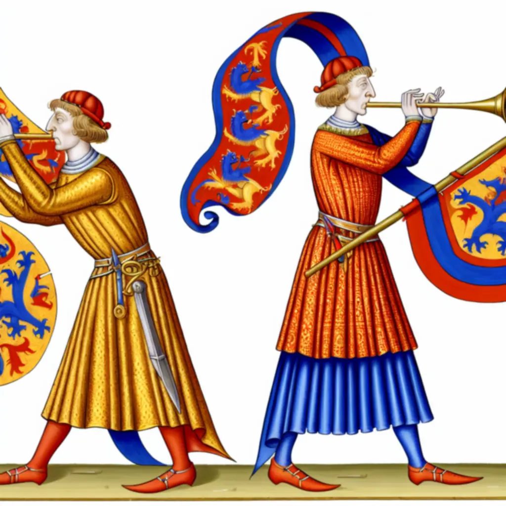 Karta Herold Turnieju z trąbką i rozwiniętym sztandarem.