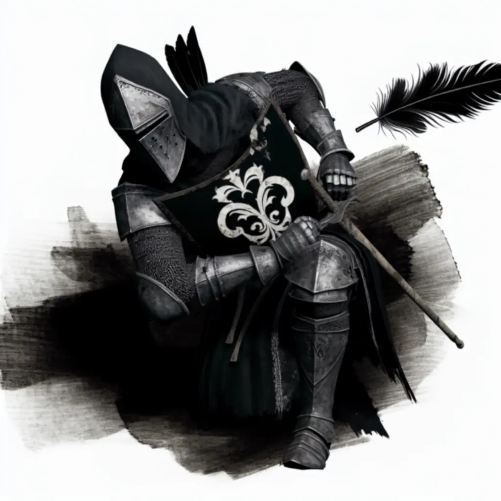 Karta Rycerz Kruk z czarnym herbem i kruczym piórem.