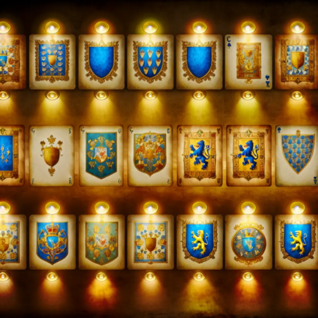 Rozłożona talia kart FnmaldGame na pergaminowym tle, z herbami w barwach błękitu i złota.