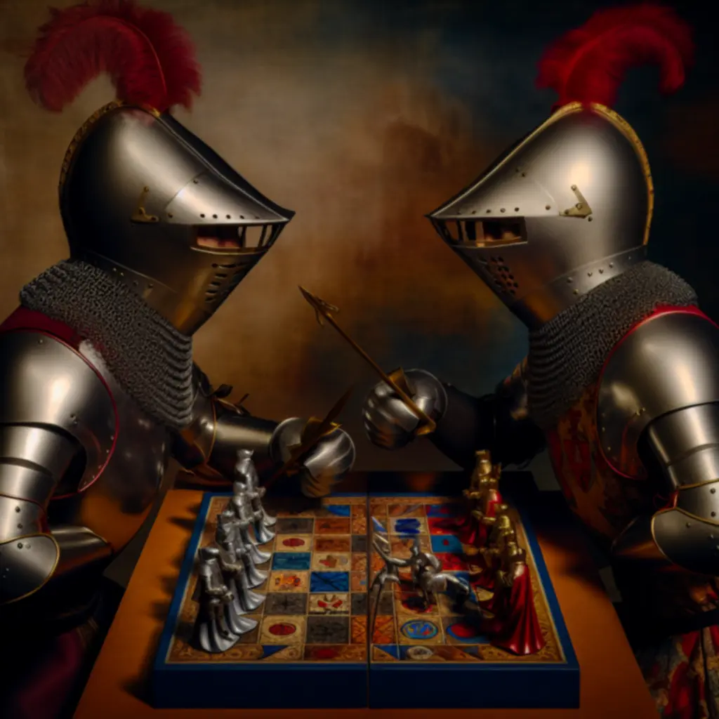 Dwaj rycerze naprzeciw siebie w pojedynku na planszy FnmaldGame