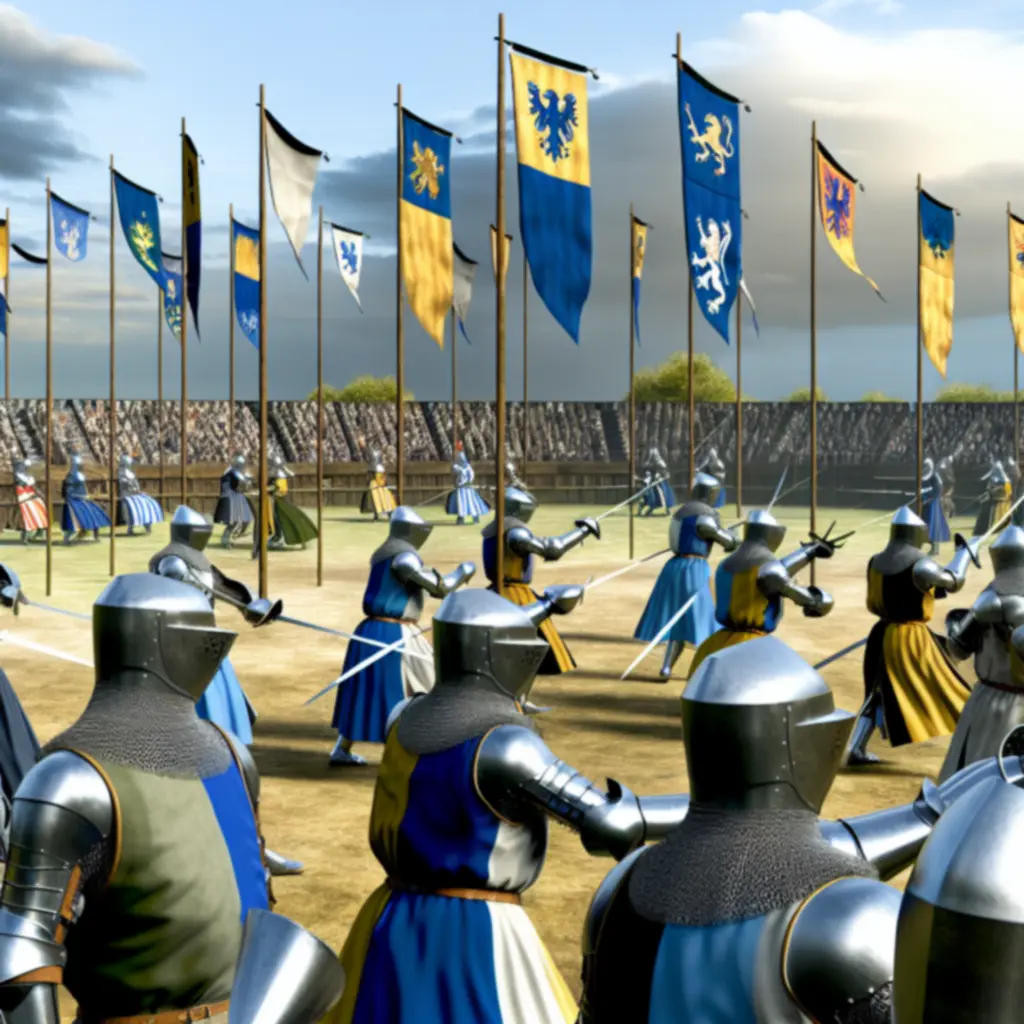 Ilustracja turnieju rycerskiego: lśniące zbroje, chorągwie i arena