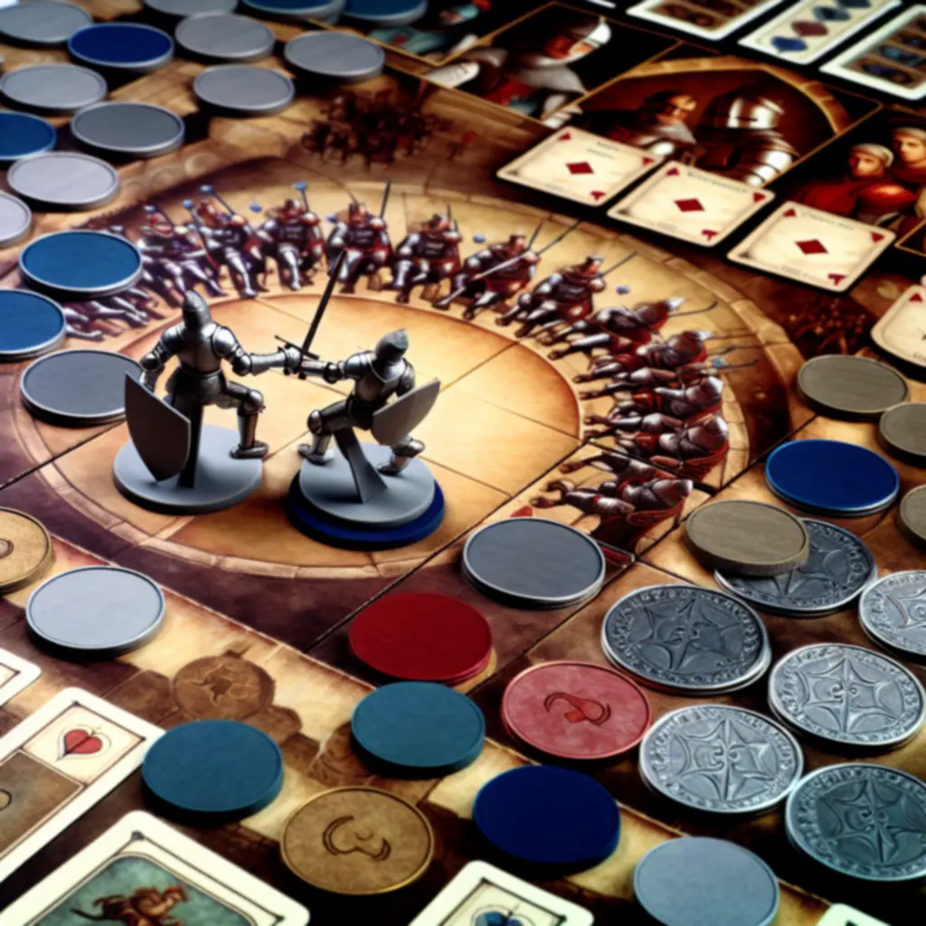 Scena pojedynku na planszy turniejowej z żetonami i kartami